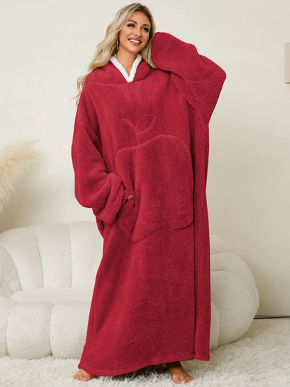 women's hooded lounge dress in cozy red fabric, featuring a large pocket and relaxed fit for ultimate comfort.