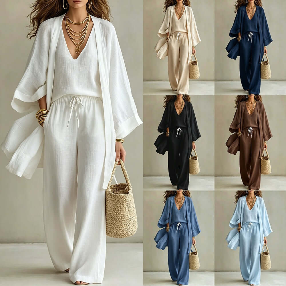 Women's 3-piece cardigan set featuring a cardigan, sleeveless vest, and wide leg pants in various colors.