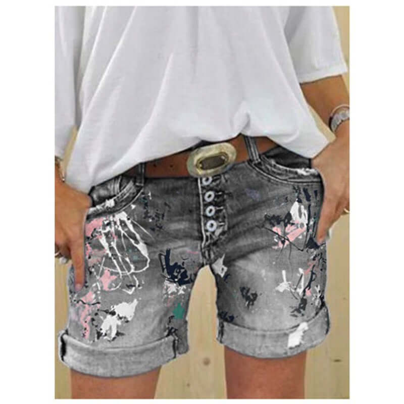 Stylish women's high-waist printed denim shorts with button closure, featuring a chic design and five-pocket styling.