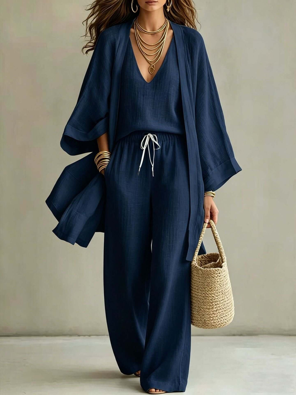3-Piece Cardigan Vest & Wide-Leg Pants Set