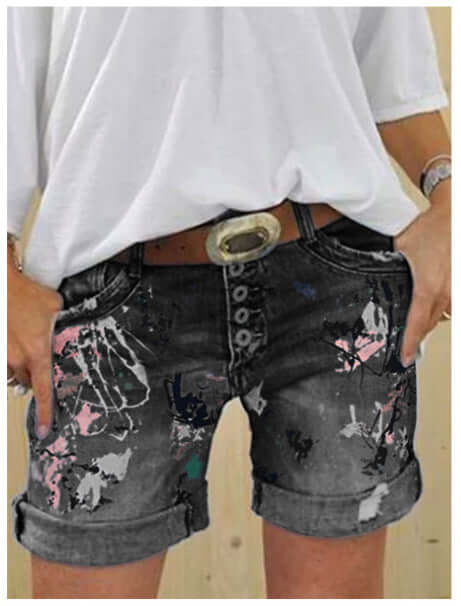 High-Waist Printed Denim Shorts