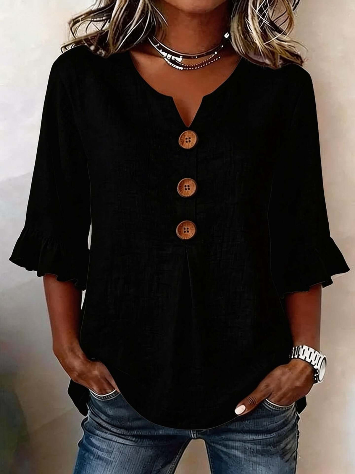 Women's Cotton-Linen V-Neck Blouse