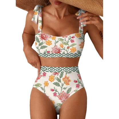 Tie-Shoulder High-Waisted Bikini Set