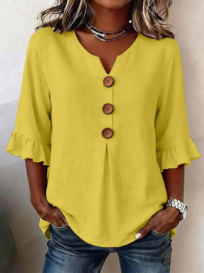 Women's Cotton-Linen V-Neck Blouse