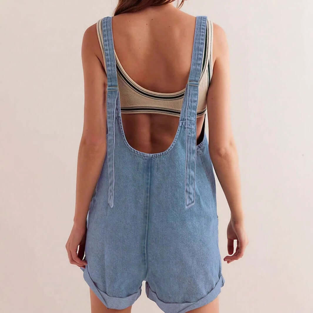 Women's Loose Denim Overall Shorts – Summer Streetwear Bib Shorts back view showcasing casual denim style.
