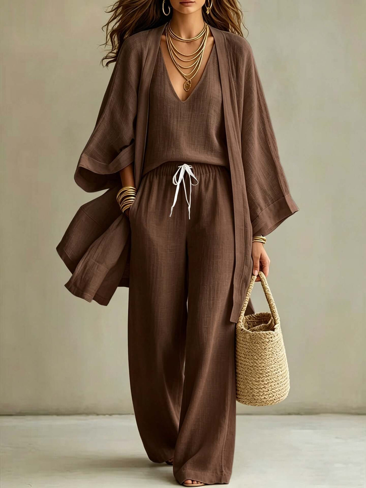 3-Piece Cardigan Vest & Wide-Leg Pants Set