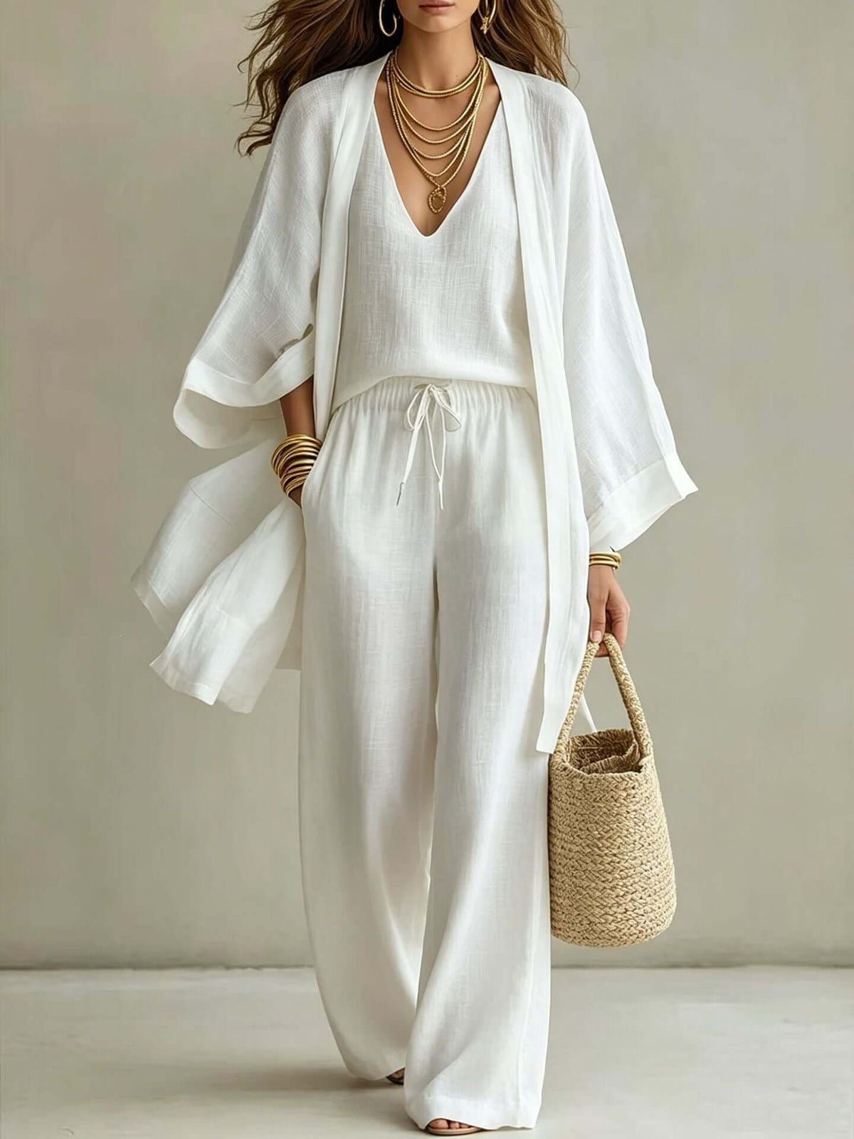 3-Piece Cardigan Vest & Wide-Leg Pants Set