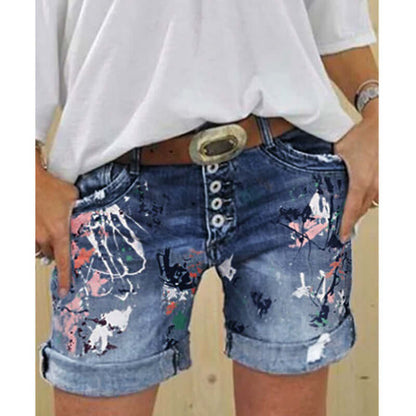 High-Waist Printed Denim Shorts
