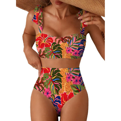 Tie-Shoulder High-Waisted Bikini Set