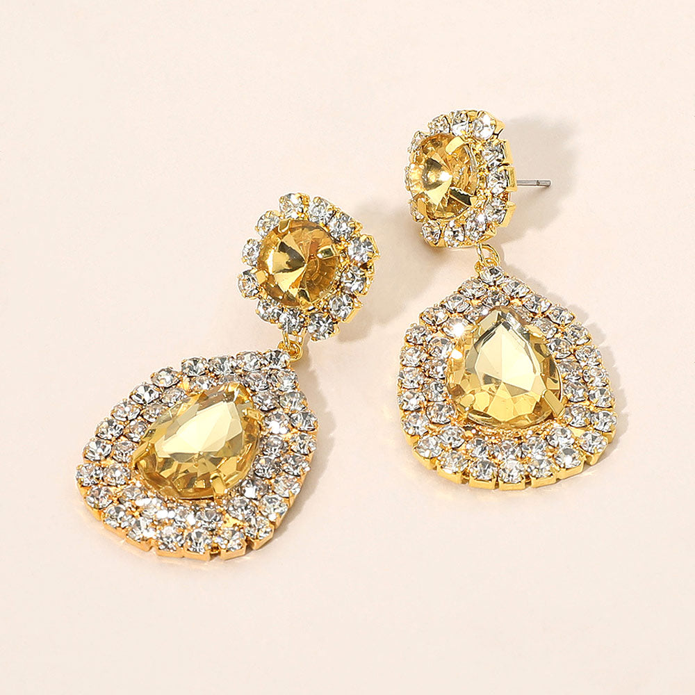 Stunning glass crystal teardrop earrings in yellow with sparkling rhinestones, perfect for enhancing any outfit.