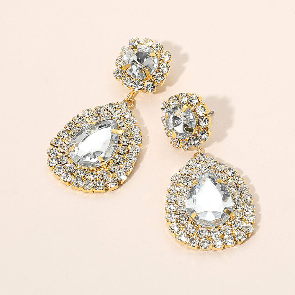 Elegant glass crystal teardrop earrings featuring a stunning gold and crystal design, perfect for any occasion.