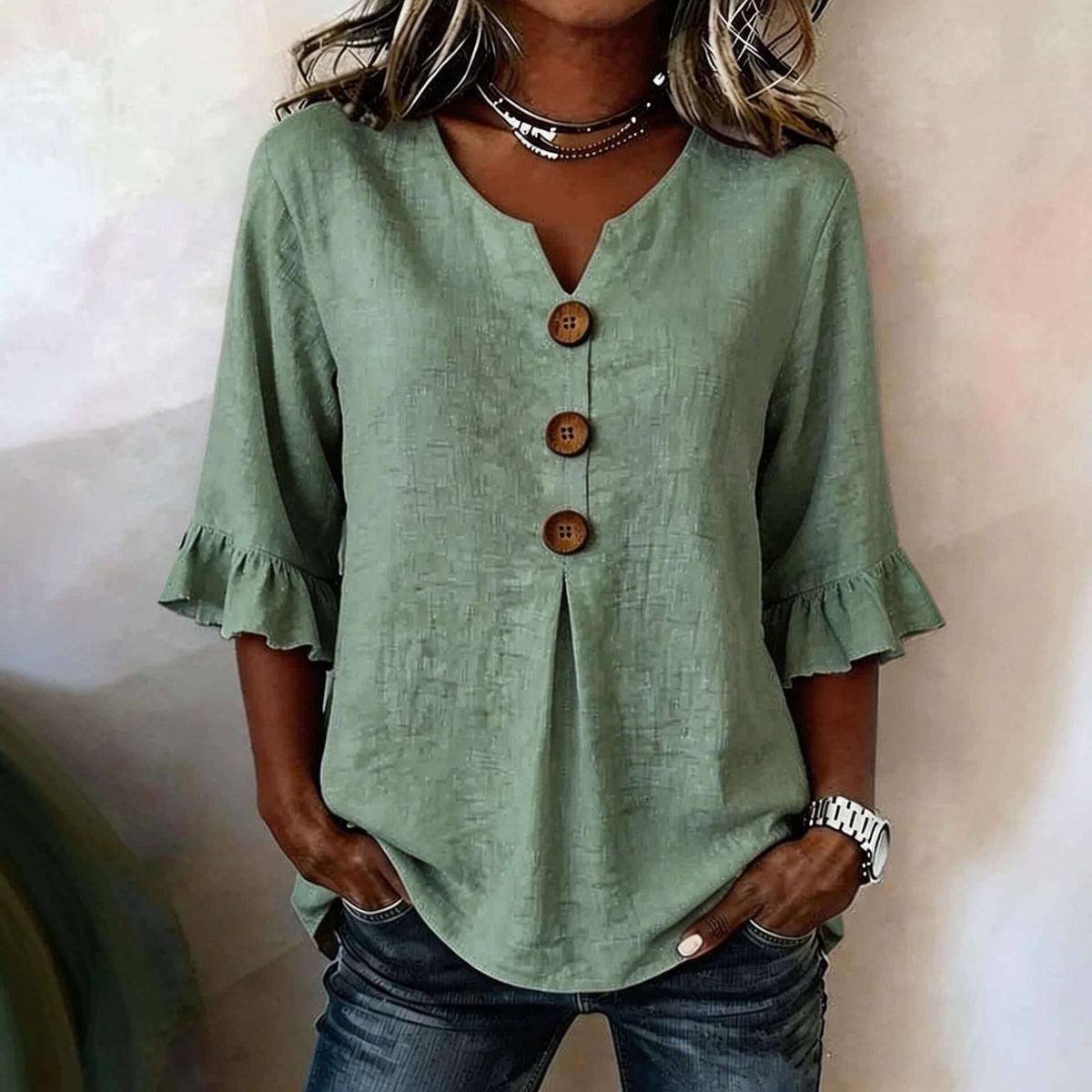 Women's Cotton-Linen V-Neck Blouse