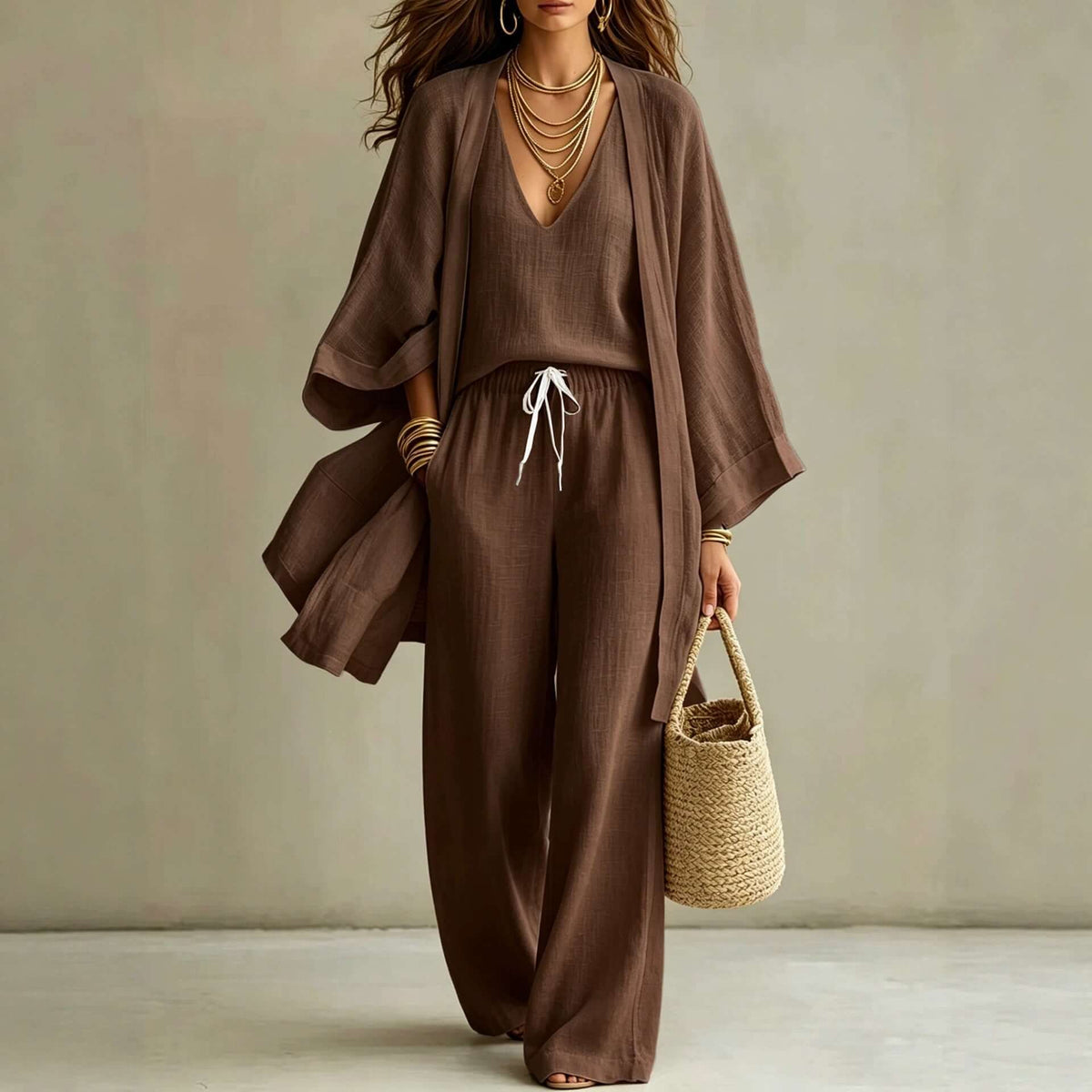 Women's 3-piece cardigan set featuring a cardigan, sleeveless vest, and wide leg pants in a chic brown color.
