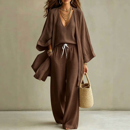 Women's 3-piece cardigan set featuring a cardigan, sleeveless vest, and wide leg pants in a chic brown color.
