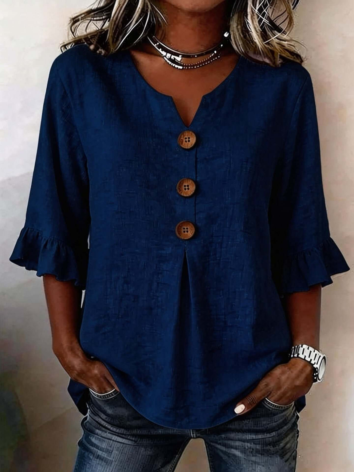 Women's Cotton-Linen V-Neck Blouse