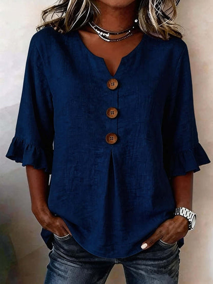 Women's Cotton-Linen V-Neck Blouse