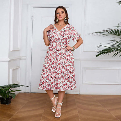 Plus-Size V-Neck Floral Midi Dress in red, featuring a belt and pockets, perfect for womens fashion and summer outings.