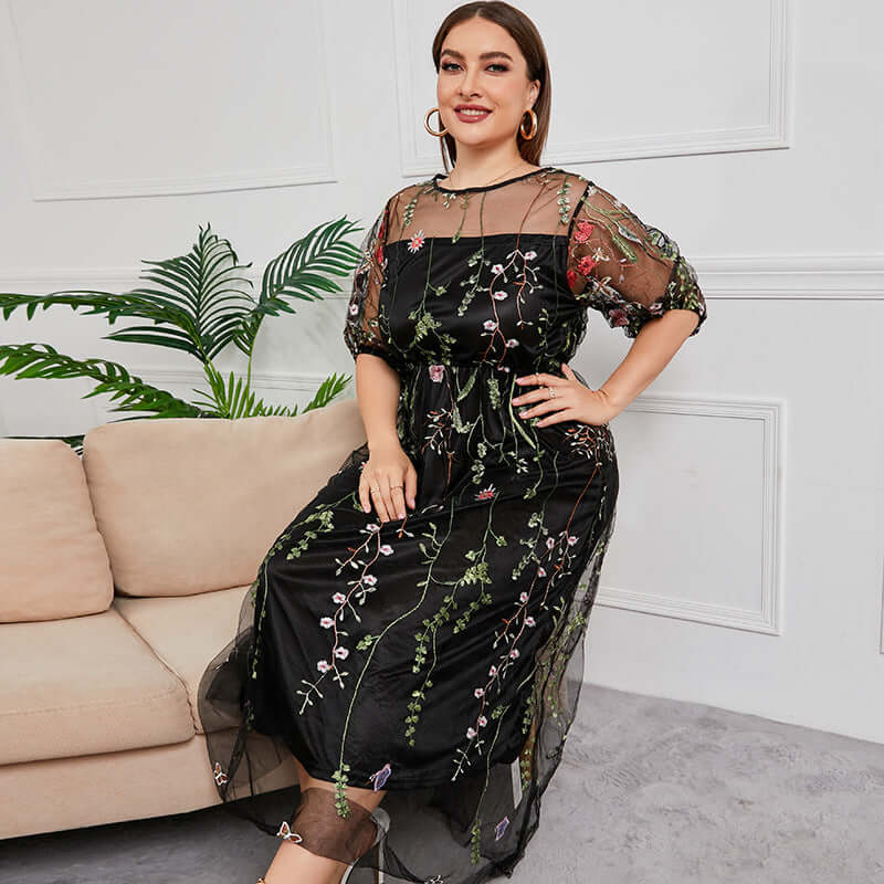 Plus Size Floral Embroidered Party Dress