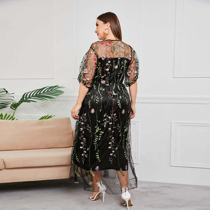 Plus Size Floral Embroidered Party Dress