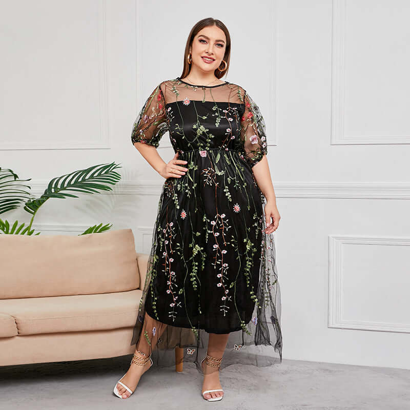 Plus Size Floral Embroidered Party Dress