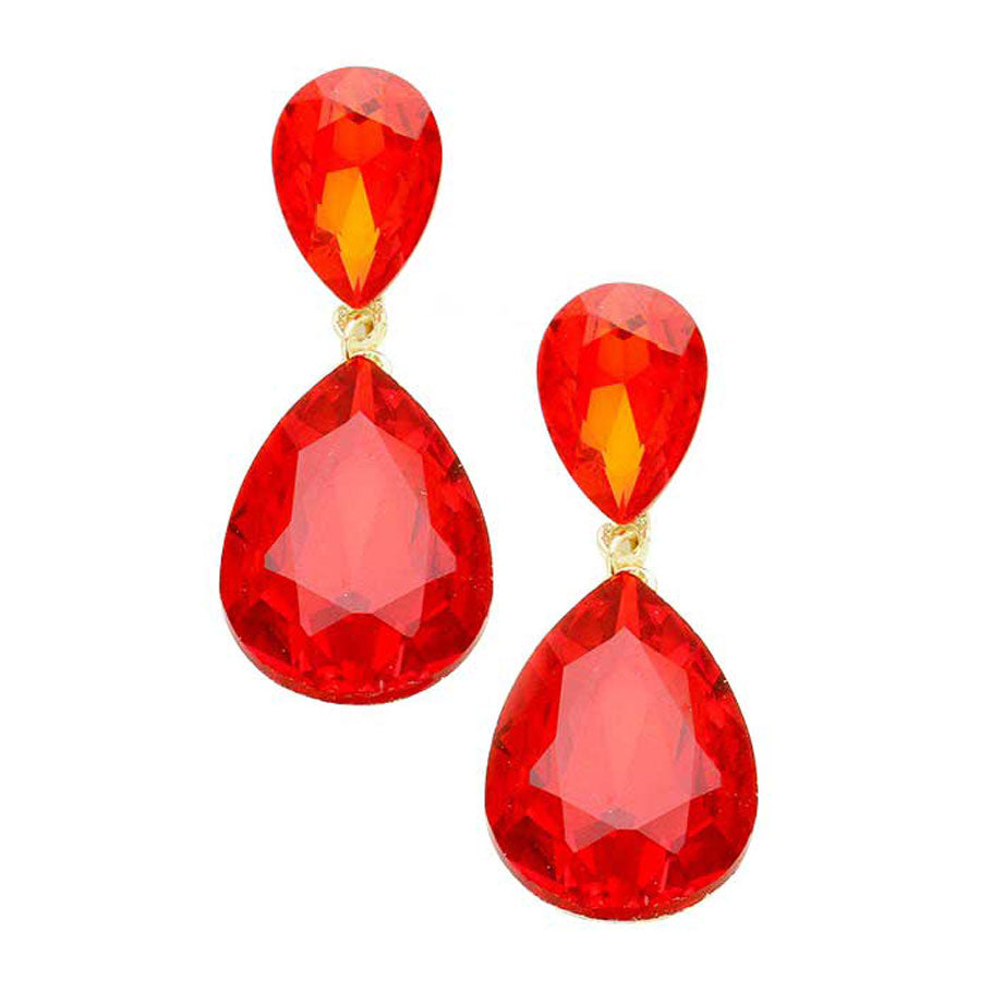 Stunning glass crystal teardrop earrings featuring a vibrant red color and elegant teardrop design.