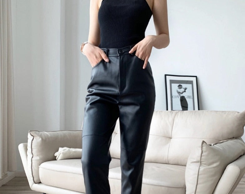 Women’s High-Waist PU Leather Straight Pants