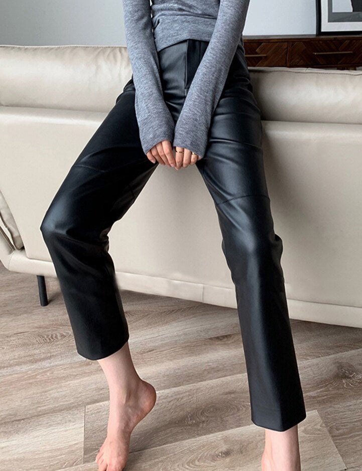 Women’s High-Waist PU Leather Straight Pants