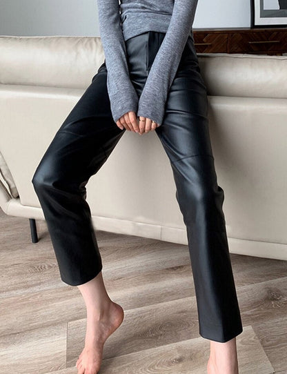 Women’s High-Waist PU Leather Straight Pants