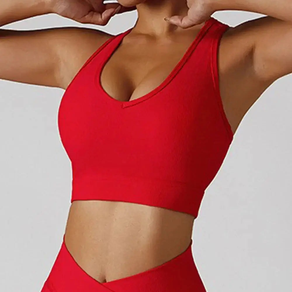 3-piece seamless yoga set red sports bra, designed for comfort and performance in activewear.