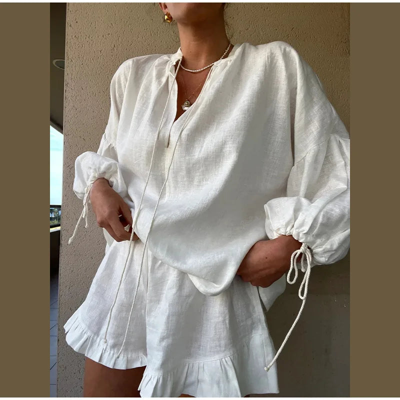 Women’s Cotton-Linen Ruffle Shorts Set