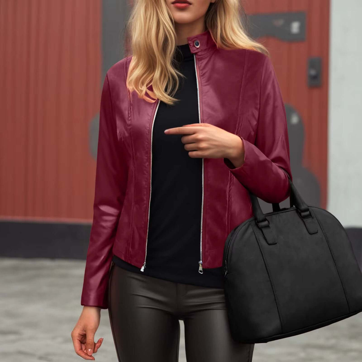 Women's slim-fit faux leather jacket in burgundy worn with black top and holding a stylish black handbag.