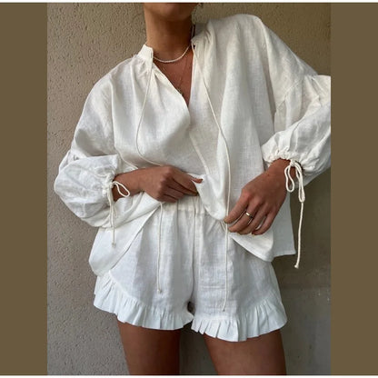 Women’s Cotton-Linen Ruffle Shorts Set