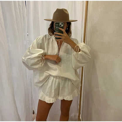 Women’s Cotton-Linen Ruffle Shorts Set