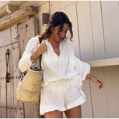 Women’s Cotton-Linen Ruffle Shorts Set