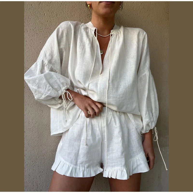 Women’s Cotton-Linen Ruffle Shorts Set