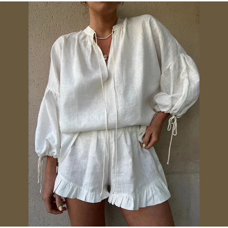 Women’s Cotton-Linen Ruffle Shorts Set