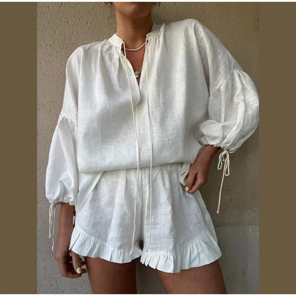 Women’s Cotton-Linen Ruffle Shorts Set
