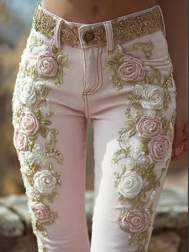 Women’s Pink Rose Embroidered Bootcut Jeans