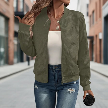 Model wearing an army green zip-up stand-collar jacket
