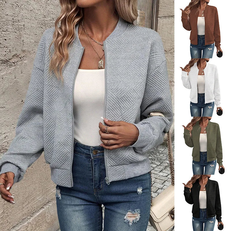 Model wearing a gray zip-up stand-collar jacket; thumbnails show brown, white, army green, and black colorways