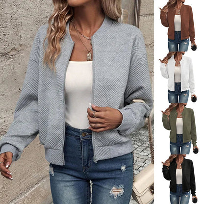 Model wearing a gray zip-up stand-collar jacket; thumbnails show brown, white, army green, and black colorways