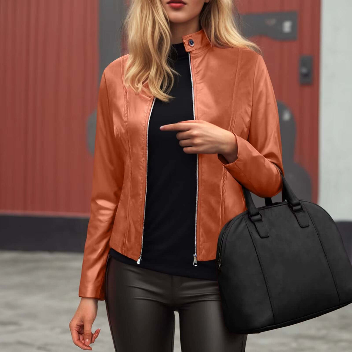 Women's slim-fit faux leather jacket paired with a black top and handbag, showcasing modern style and elegance.