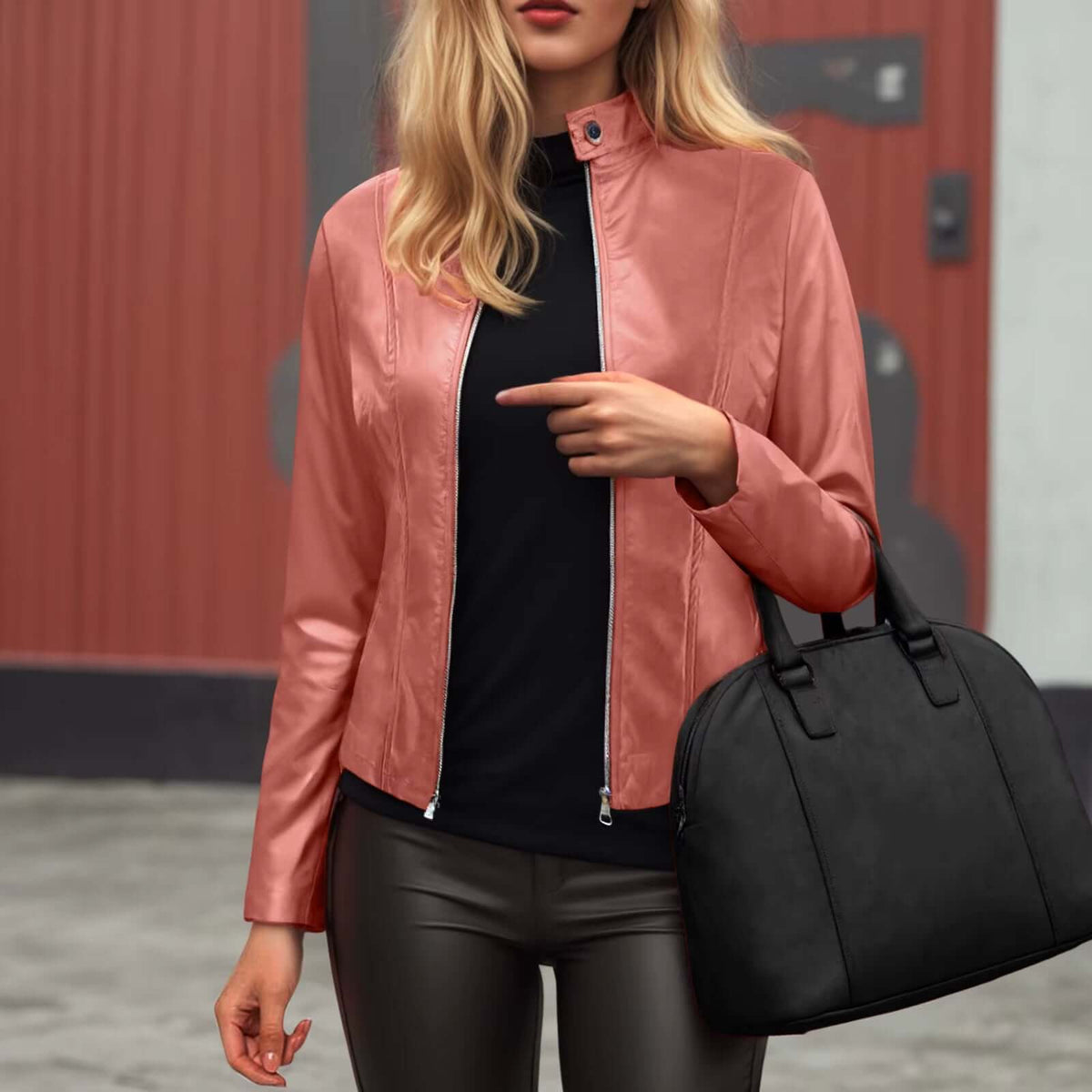Model wearing a women's slim-fit faux leather jacket in pink, paired with a black top and handbag.