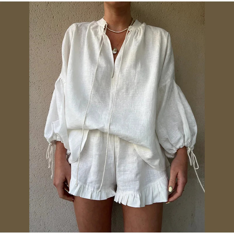 Women’s Cotton-Linen Ruffle Shorts Set