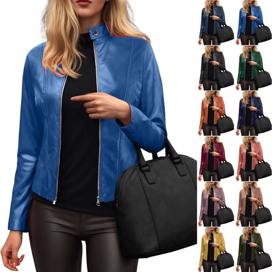 Woman wearing a women's slim-fit faux leather jacket in blue with a black handbag, showcasing various color options.