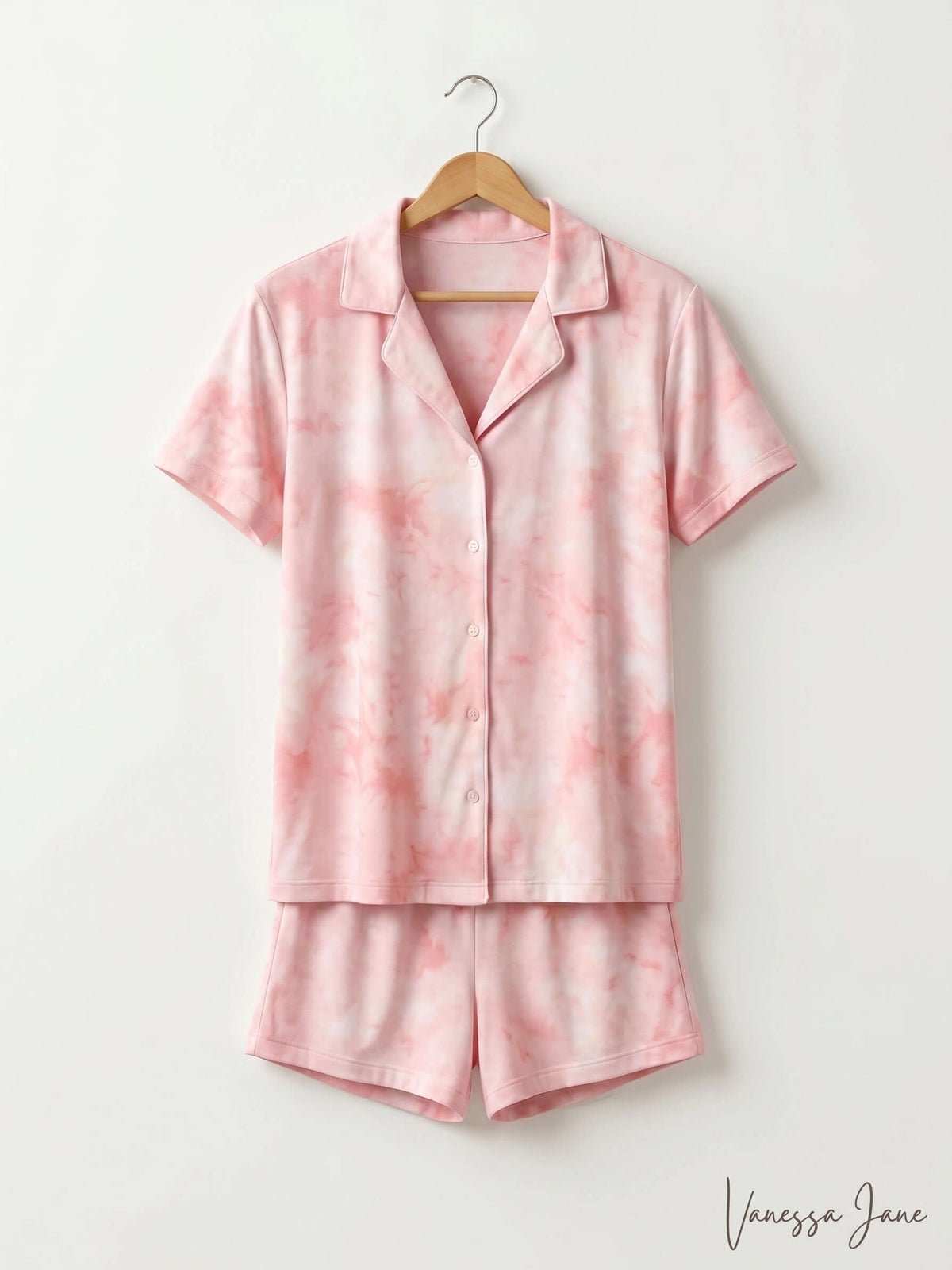 Heavenly Soft Pajama Set in pink tie-dye, featuring a short-sleeve top and matching shorts for ultimate comfort.
