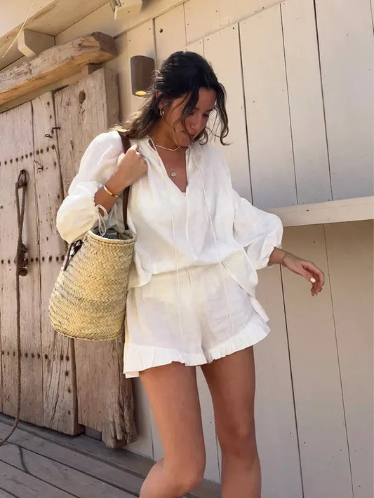 Women’s Cotton-Linen Ruffle Shorts Set