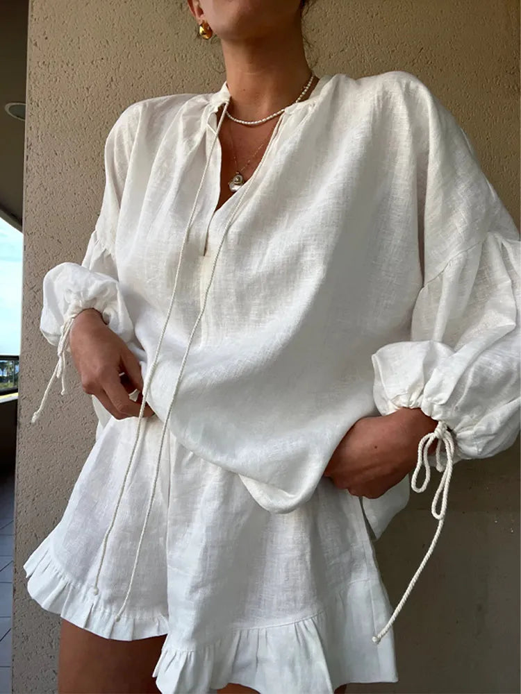 Women’s Cotton-Linen Ruffle Shorts Set