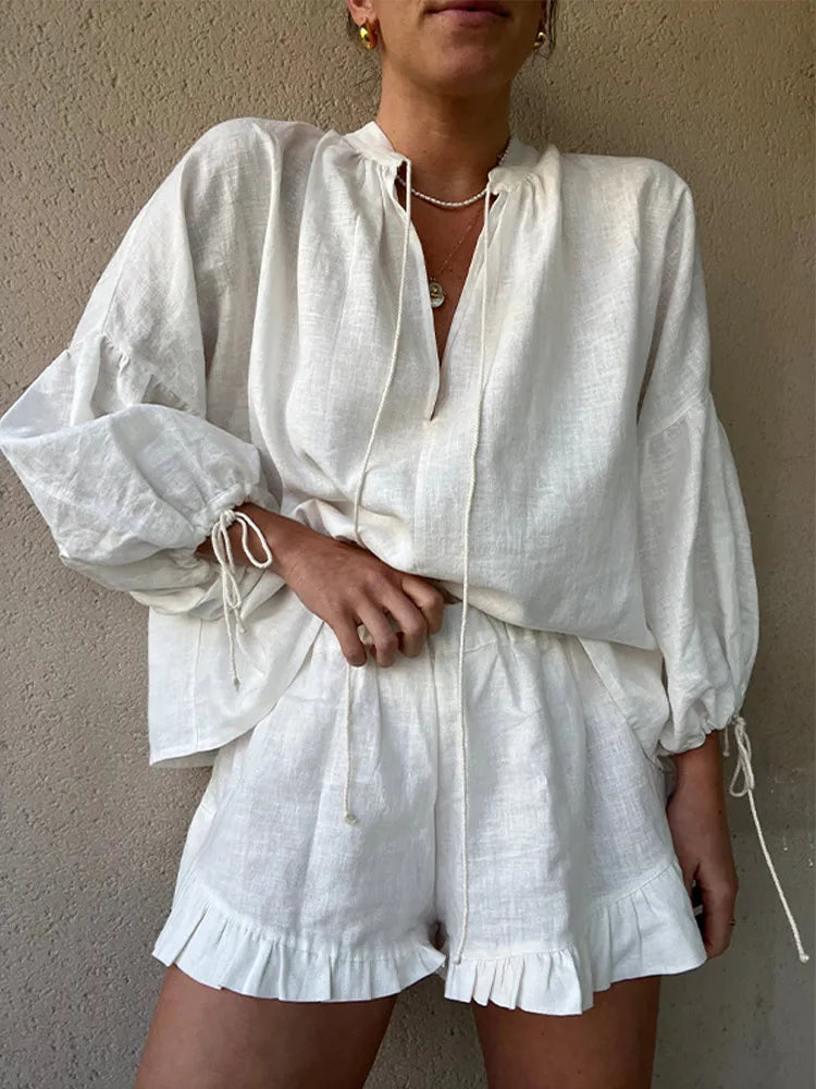 Women’s Cotton-Linen Ruffle Shorts Set