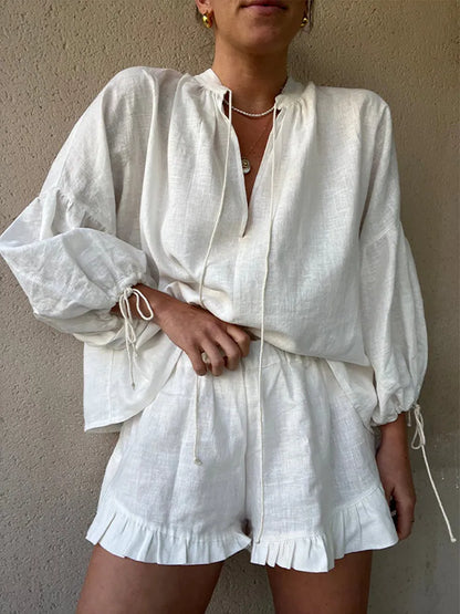 Women’s Cotton-Linen Ruffle Shorts Set